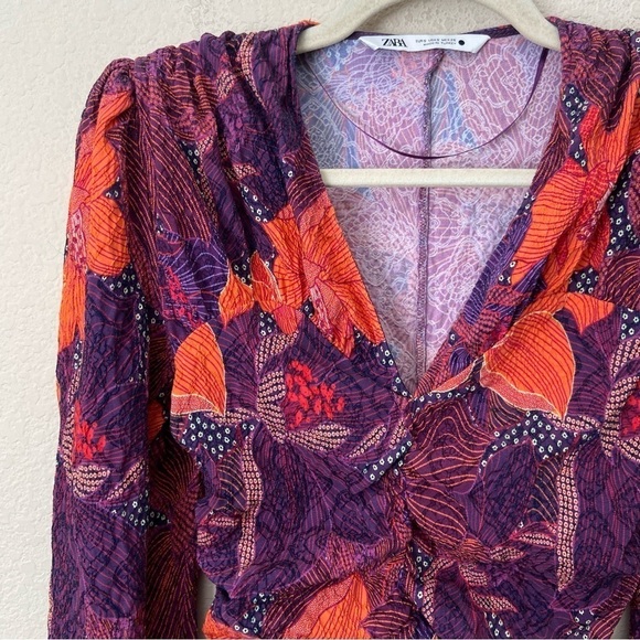 Zara Floral Chic Structured Shoulder Cinched Long Sleeve Blouse Top - Picture 5 of 11
